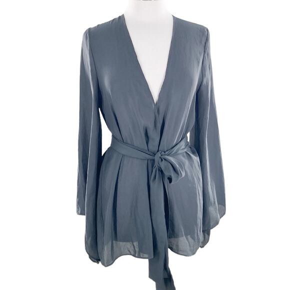 Show Me Your Mumu Womens Gray Belted Poly Wrap Jacket Bell Sleeve Size M - Picture 1 of 11